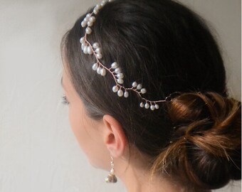 Bijou de cheveux, mariées, mariage,  perles d'eau douce, or rose, plaqué or rose, argent ou or, couronne mariée