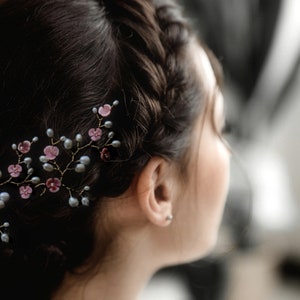 Hairpin, freshwater pearls, powder pink mother-of-pearl flowers, bridal hair jewelry, wedding