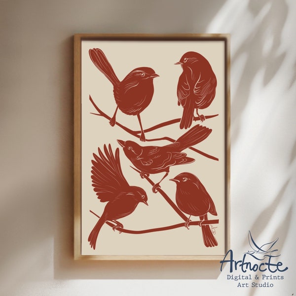 Minimal Birds Illustration Art Print, Bird Lover Unique Gift, Handmade Gallery Wall Decor, Bird Wall Poster, Instant Download