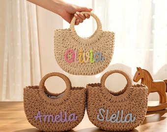 Personalized Toddler Beach Handbag/ Custom Beach Tote Bag/ Woven Beach Purse/ Summer Party Gifts/ Handwoven Crossbody Bag/ Back to School
