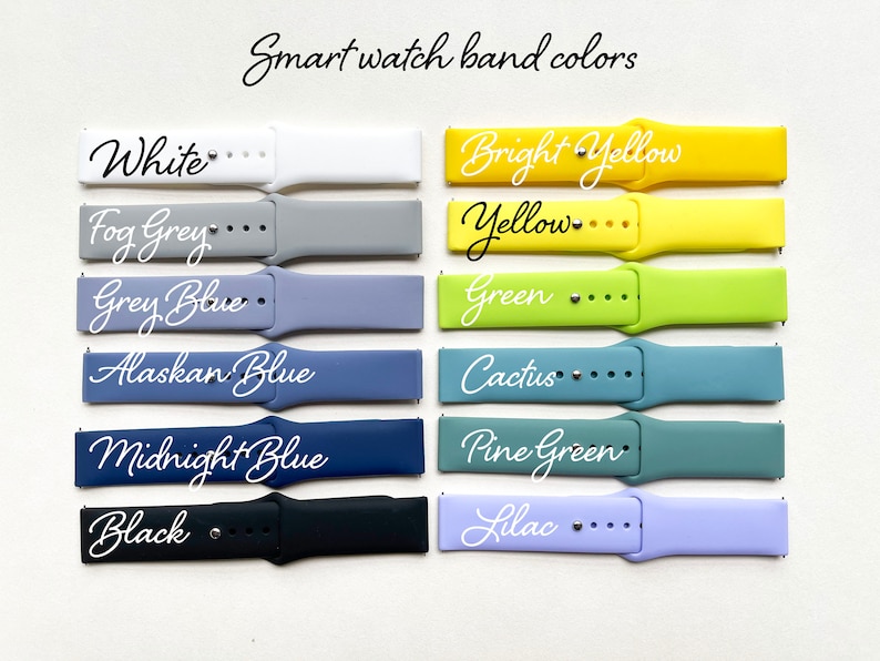 May include: A set of 10 silicone watch bands in various colors, including white, fog grey, grey blue, Alaskan blue, midnight blue, black, bright yellow, yellow, green, cactus, pine green, and lilac.