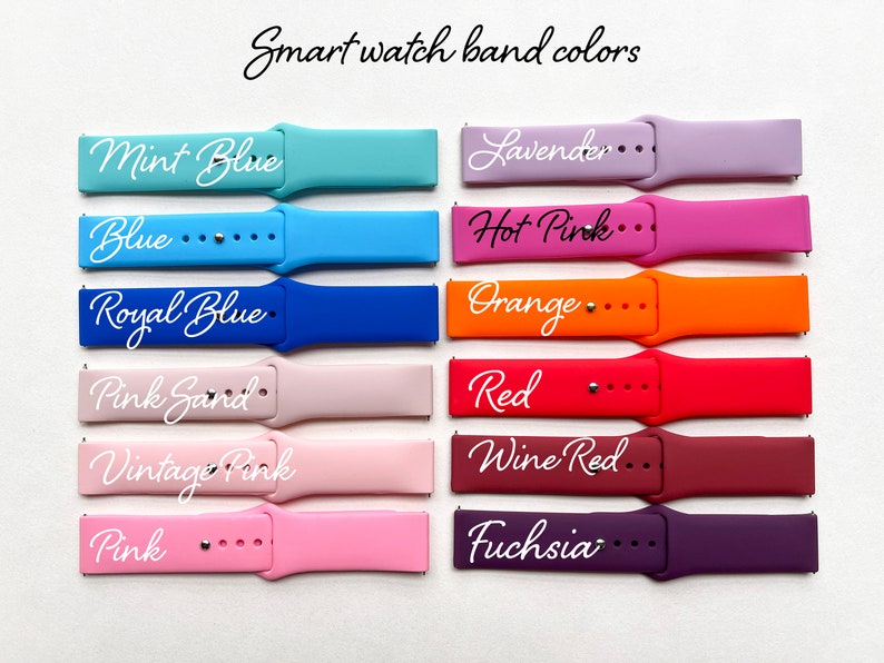 May include: A set of ten silicone watch bands in various colors, including mint blue, blue, royal blue, pink sand, vintage pink, pink, lavender, hot pink, orange, red, wine red, and fuchsia. The bands are arranged in two rows of five, with the color names printed on each band.