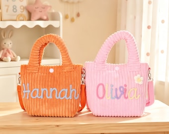 Personalized Corduroy Crossbody Bag/ Corduroy Kids Purse/ Birthday Gift/ Children's Handbag/ Handmade Yarn Letters/ Toddler Crossbody Bag