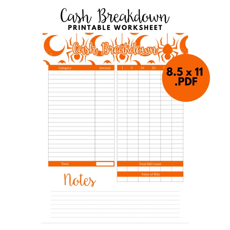 Cash Breakdown Printable Worksheet Budget Planner Insert Etsy