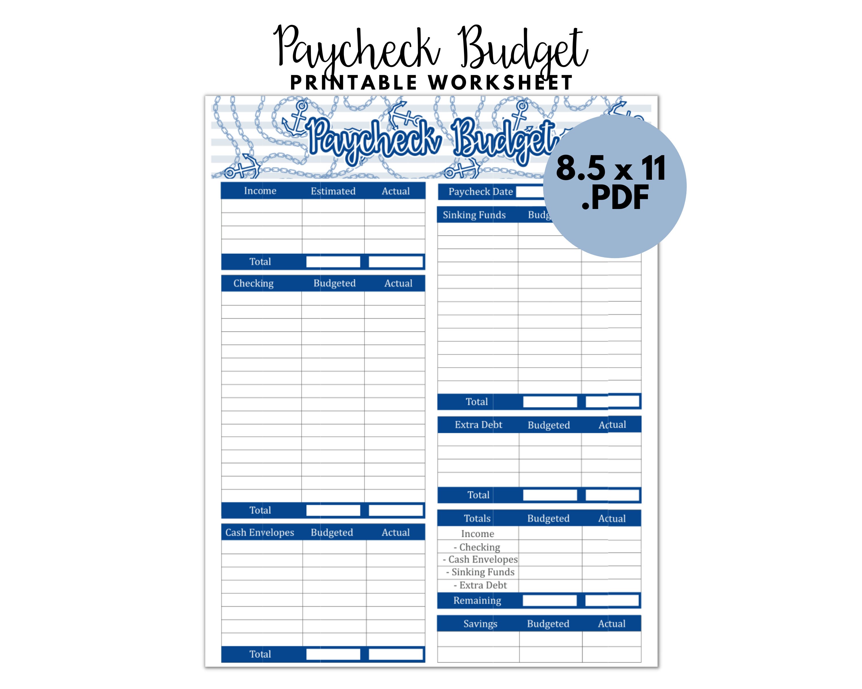 Paycheck Budget Printable Worksheet Anchors Aweigh Budget - Etsy