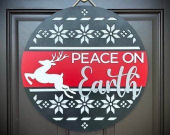 Peace on Earth Reindeer-Themed Welcome Door Hanger/Round Sign, Available in 2 Sizes