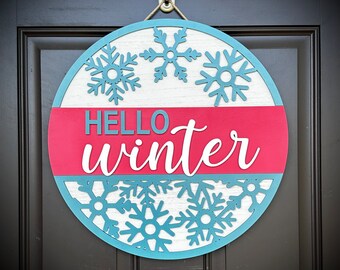Snowflake-Themed "Hello Winter" Door Hanger/Round Sign, 2 Colors Options, Perfect for Displaying on Front Door, Available in 2 Sizes