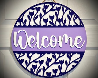 Spring Flower-Vine-Themed "Welcome" Door Hanger, Available in 2 Sizes, Porch Decor, Outdoor Spring Decor, Spring Flower Welcome Sign