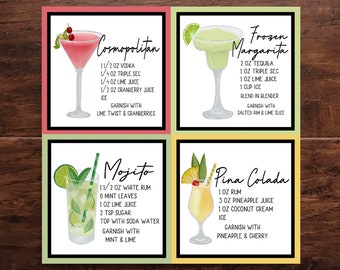 Cocktail Drink Recipe Coasters, Pick a Set of 4, 6, or 8 Coasters, 18 Different Designs to Choose From, Make a Great Gift, Beautiful Colors
