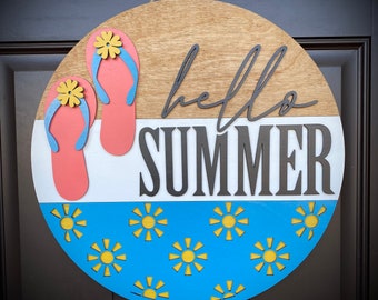 Flip-Flop-Themed "Hello Summer" Door Hanger/Sign, Available in 2 Sizes, Vibrant Colors, Summer Porch Decor, Outdoor Decor, Customize Colors