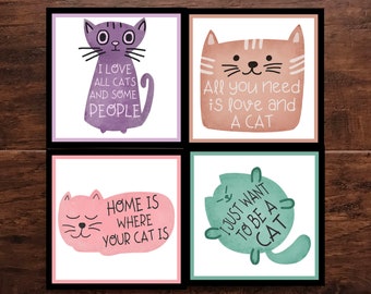 Adorable Set of 4 Cat and Coffee-Themed Ceramic Tile Coasters, Vivid Colors, Great Quality, and They Make Great Gifts, too!