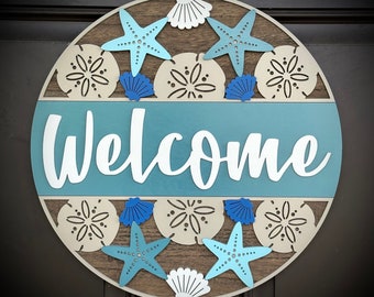 Beach-Themed "Welcome" Round Sign, Perfect for Displaying on Front Door, Customize Colors, Available in 2 Sizes, Beach House Decor