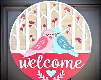 3-D Welcome Love Birds Valentine’s Dag Theme Door Hanger, Available in 2 Sizes, Porch/Outdoor Decor, Gift for Her, Valentines Decor