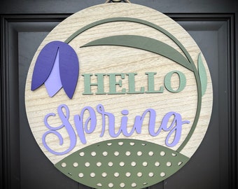 Hello Spring Tulip Door Hanger in Purple or Yellow or Any Other Color You Like, Door Hanger Available in 2 Sizes, Popular Spring Door Decor