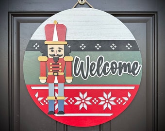 A Christmas Toy Soldier-Themed Welcome Round Sign/Door Hanger, Perfect Christmas Door Decor, Available in 2 Sizes, Customize Colors