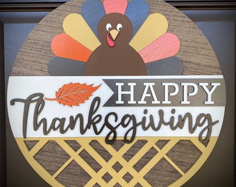 A Happy Thanksgiving Turkey Sign/Door Hanger Available in 2 Sizes, Great New Modern Alternative to Door Wreath - Won't Fall Apart from Heat