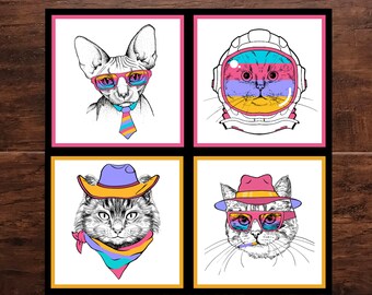 Artsy "Pop-Art" Cat Coasters | Pick a Set of 4, 6, or 8 Coasters | 8 Different Designs to Choose From | Makes a Great Gift | Beautiful Color