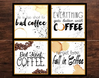 Set of 4 Coffee-Theme Ceramic Tile Coasters, Great Housewarming Gift, Christmas Gift, or for Any Coffee Lover - Funny Coffee Quotes