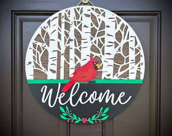 Beautiful Winter Cardinal-Themed Welcome Round Sign, Perfect for Displaying on Front Door all Winter Season, and Available in 2 Sizes