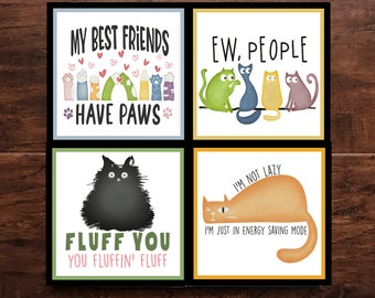 Snarky & Cute Cat Coasters | Pick a Set of 4, 6, or 8 Coasters | 8 Different Designs to Choose From | Makes a Great Gift | Beautiful Color