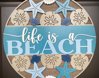 Beach-Themed “Life is a Beach” or "Welcome" Round Sign, Perfect for Displaying on Front Door, Customize Colors, Available in 2 Sizes
