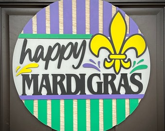 Round "Happy Mardi Gras" Themed Door Hanger/Sign | Perfect for Displaying on Front Door | Customize Colors and Comes in 2 Sizes