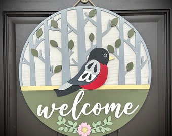 Welcome Spring Robin Theme Door Hanger, Available in 2 Sizes, Can Withstand the Heat on Your Front Door - Great Modern Alternative to Wreath