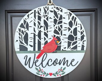 Beautiful Winter Cardinal-Themed Welcome Door Hanger/Sign, Available in 2 Sizes, Perfect for your Front Door or Entryway, Customize Colors