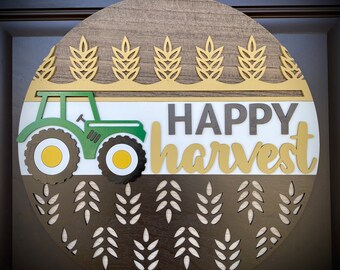 A “Happy Harvest” Fall Tractor-Themed Round Door Hanger/Sign, Perfect for Displaying on Front Door, Customize Colors, Available in 2 Sizes