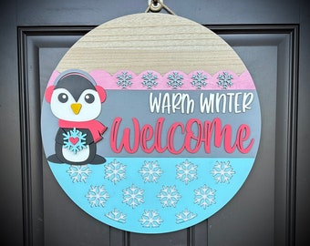 Adorable Penguin-Themed "Warm Winter Welcome" Round Sign/Door Hanger, Cute to Display on Front Door this Winter Season, Available in 2 Sizes