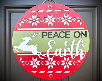 Peace on Earth Reindeer-Themed Welcome Round Sign/Door Hanger Available in 2 Sizes