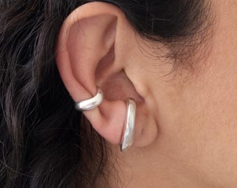Silver Single Ear Cuff: No Piercing Earring, Minimalist Silver Ear Wrap, Modern Statement Geometric Ear Jewelry, Gift for Her