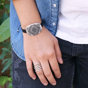 Large Silver Chevron Dotted Slider Cuff Bracelet, Black Leather Bracelet, Hippie Style Rock Multistrand Wrap Bracelet, Bohemian Wrap Jewelry