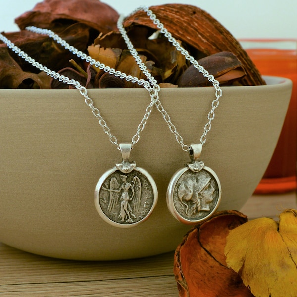 Replica of Alexander the Great Stater Coin Necklace, Nike & Athena Greek Goddesses, Medallion Necklace, Tribal Ethnic Layering Jewelry
