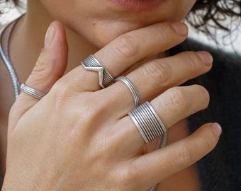 Antique Silver LINES thin Band Ring, Hammered Textured Unisex Boho Minimal Statement stackable Unique abstract Affordable Modern Man Ring