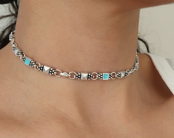 Antique Silver Black/Turquoise/ Bordeaux enamel rectangular connectors chain choker, Thick Trace Chain Necklace, Punk Rock Style jewelry