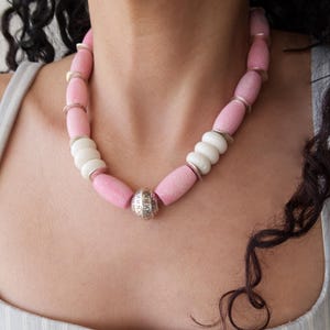 Pink Coral Beaded Necklace with Silver Ethnic Bead, Chunky Summer Statement Necklace, Boho Tribal Jewelry, Bold Color Necklace Gift for Her