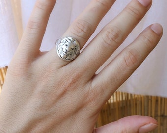 Silver Lion Signet Ring: Ethnic Boho Statement Ring, Spiritual Power Ring Gift for Him or Her, Adjustable US Size 7-8