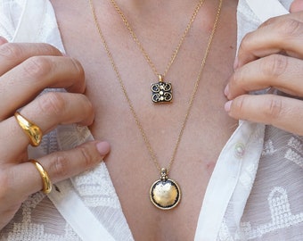Antique Gold Coin Pendant Necklace Set: Boho Layered Charm Jewelry, Minimalist Ethnic Talisman Necklace, Vintage Inspired Unique Gift