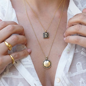 SET of TWO Antique gold geometric coin pendant necklaces, layered stacking round charms boho bohemian dainty hippie jewelry, gift for her