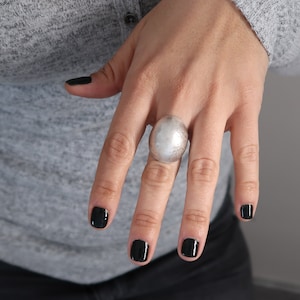 Bohemian Antique Silver Hammered DOME ring, Sade Organic Shape adjustable carved ring,Dainty Big Stacking Minimal Layered silver plated ring