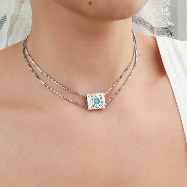 Double Silver box chain choker necklace with turquoise enamel square pendant, Native American Style Bohemian Delicate Contemporary Jewelry