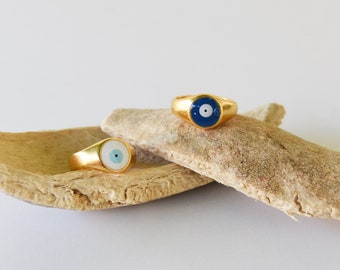 Gold Evil Eye Protection Signet Ring: Adjustable Ring, Greek and Turkish Inspiration, Ethnic, Handmade & Cultural Jewelry, Gift for her