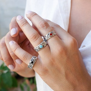 Silver Engraved FLORAL band Ring with Turquoise-Black-Red Enamel Stone, Thick Band Ring, Bohemian Flower Minimalist Jewellery, US 6-7.5inch image 1