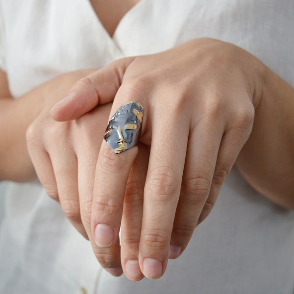 Replica of Archaeological Finds Ring Jewellery, Archaeological Face Ring, Adjustable Stackable Silver Statement Ring, Ancient Greek Jewelry