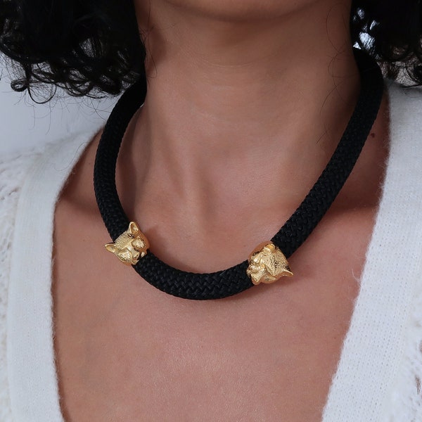 Black Recycled Polyester Climbing Rope Necklace, Gold Plated Leopard Tubes, Bohemian Chunky fabric textile statement lightweight jewellery