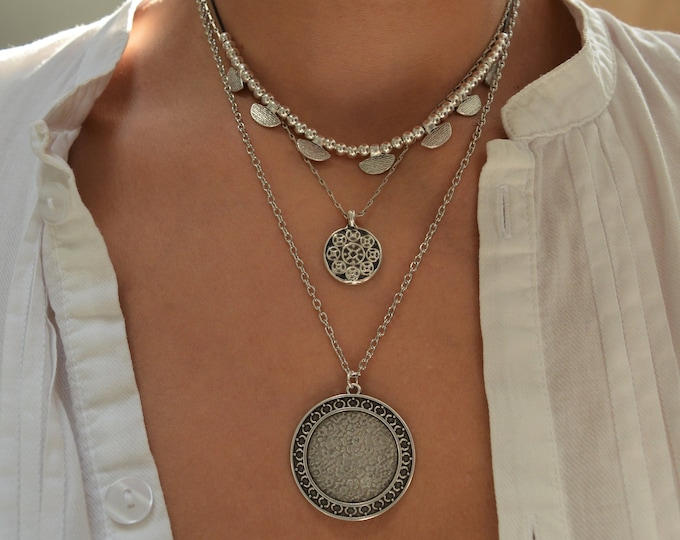 Set of three silver GEOMETRIC necklaces, layered stacking round coin charms jewelry, boho bohemian dainty hippie jewelry, gift for her
