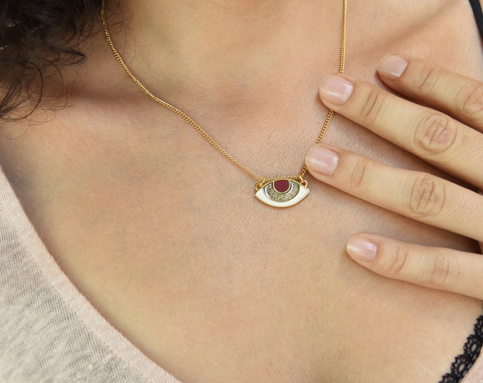 Gold EVIL EYE Protection Necklace, Gold Enamel Charm Jewelry, Good luck Iris Eye pendant, Gold Ottoman Turkish Jewelry, Cheap Gift for Her