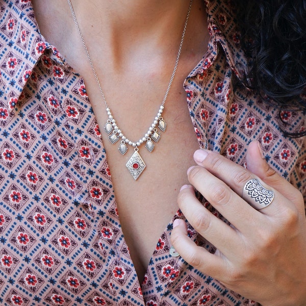 Bohemian Antique Silver Chandelier Necklace, Rhombus Burgundy Enamel Pendant, Boho Tassel Gypsy Turkish Jewelry, Free People Style, Gift