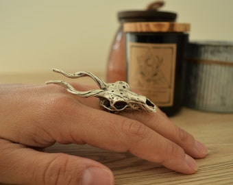 Bohemian Antique Silver Wild Goat MARKHOR Ring, Silver Animal Ring, Long Statement Ring, Silver Adjustable Stackable Ring, Gift for Her